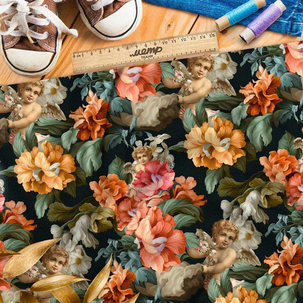 Ткань премиум шелк искусственный Армани ангелы в цветах