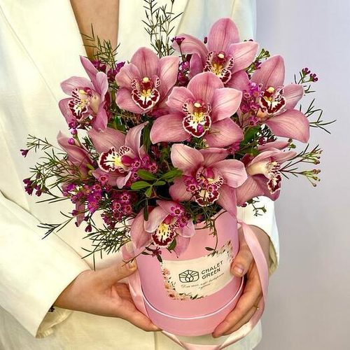 Фиолетовые орхидеи Цимбидиум и хамелациум в шляпной коробке. Цветы в коробке 004 Chalet Green