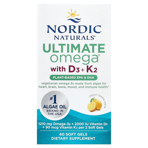 Nordic Naturals, Ultimate Omega®, растительные добавки с витаминами D3 и K2, со вкусом лимона, 60 мягких таблеток