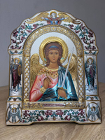 Ангел хранитель, икона арочная с рамкой, красное дерево, эмаль 206х270