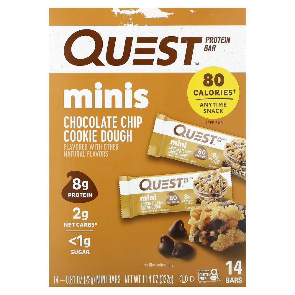 Quest Nutrition, протеиновые мини-батончики с шоколадной крошкой и вкусом печенья, 14 батончиков по 23 г (0,81 унции) каждый