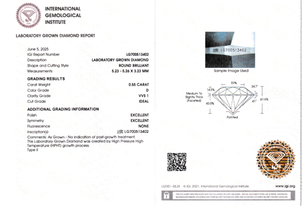Лабораторно-выращенный бриллиант Кр-57 5.23-5.26 мм D/VVS1 0.55 ct