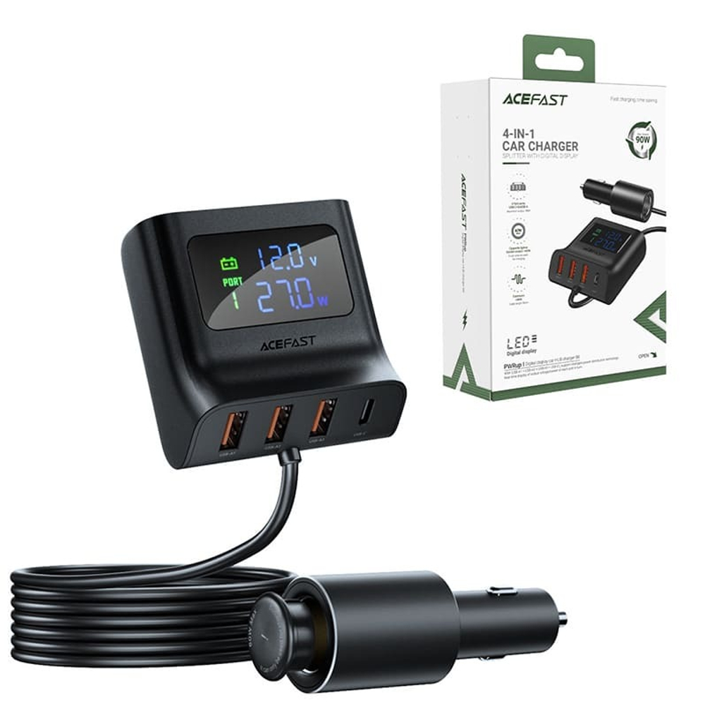 Автомобильная зарядка ACEFAST B8 4 в 1 USB-C + 3 USB LCD (черный)