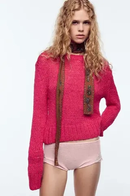ZARA СВИТЕР В СТИЛЕ РУСТИК, ЦВЕТ ФУКСИИ