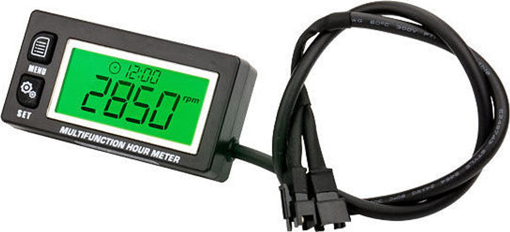 Тахометр универсальный со счетчиком моточасов, датчиком температуры, вольтметром, с подсветкой и сменной батарейкой