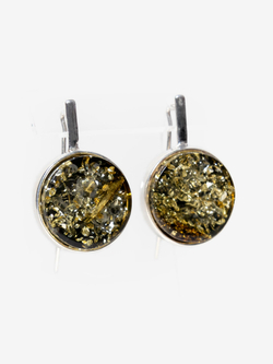 Серебряные серьги с цельным зеленым янтарем (19 мм), серебро 925 пробы