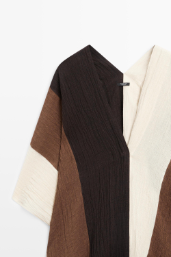 Massimo Dutti Платье-кафтан из фактурной льняной смеси, коричневый