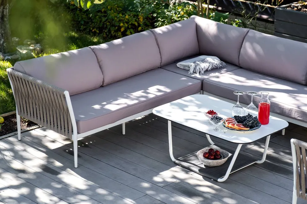 "Касабланка" диван модульный плетеный из роупа, каркас алюминий, роуп серо-коричневый 23мм, ткань бежевая 052