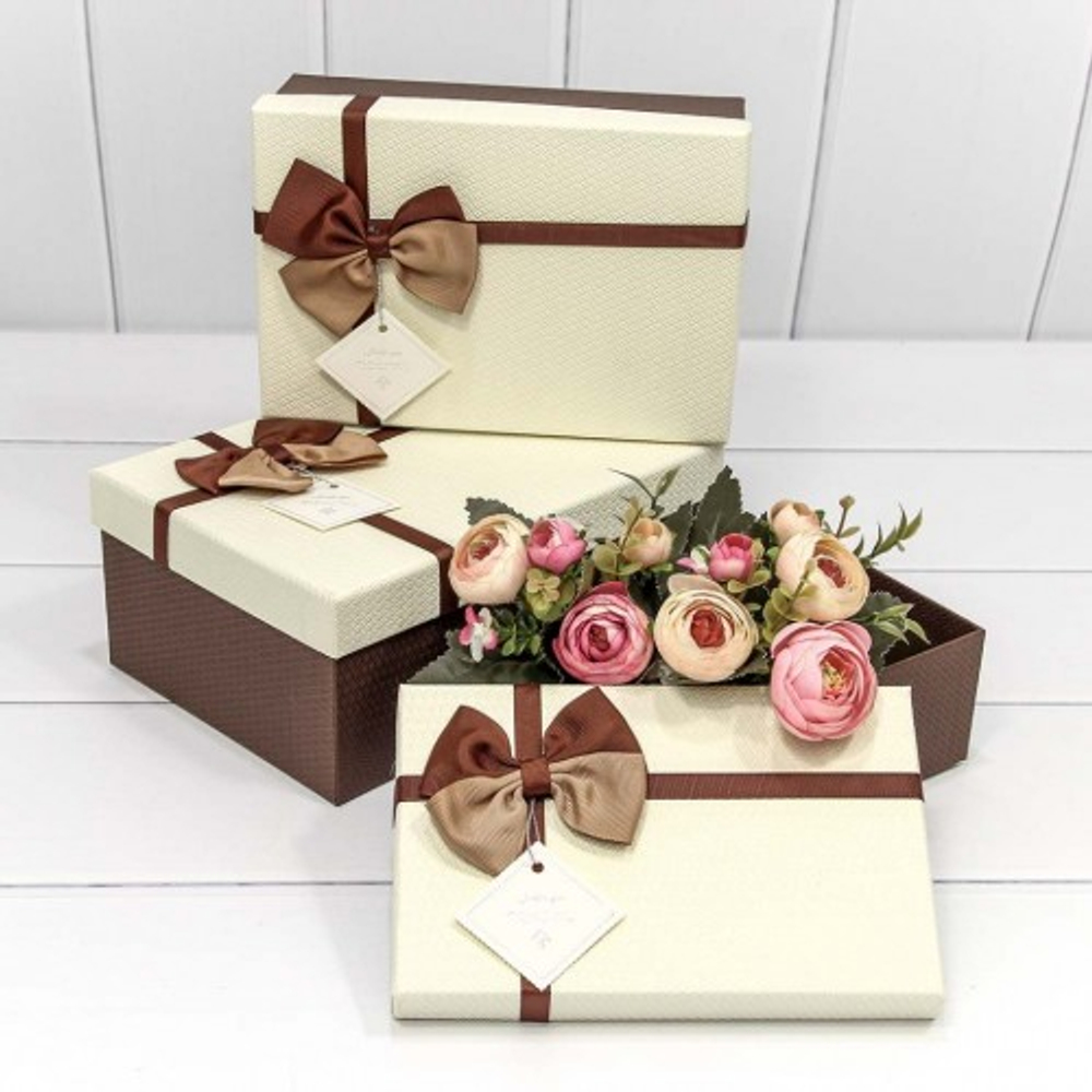 Коробка 23х16х9.5 см Набор 3 шт с двойным бантом (Коричневый, Бежевый)
