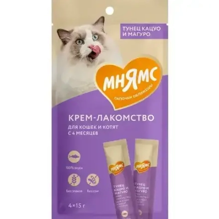 Крем-лакомство МНЯМС для кошек с тунцом Кацуо и Магуро - 4х15 гр
