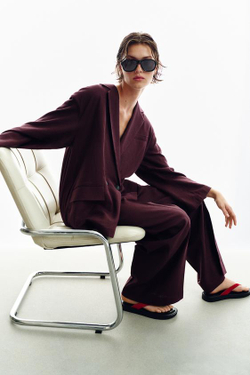 ZARA ПРЯМЫЕ БРЮКИ ИЗ ЛЬНА, БАКЛАЖАННЫЙ