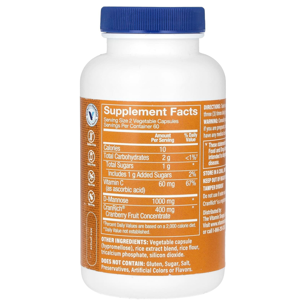 The Vitamin Shoppe, клюква с D-маннозой, 120 растительных капсул