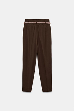 ZARA БРЮКИ С ВЫСОКОЙ ПОСАДКОЙ И РЕМНЕМ, КОРИЧНЕВЫЙ