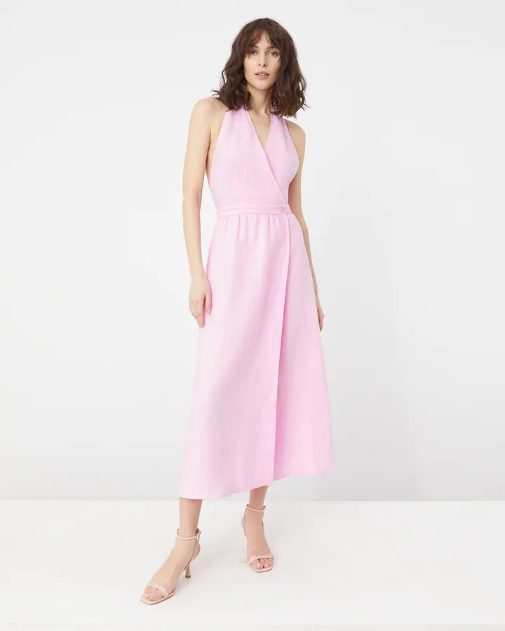 Платье миди льняное с открытой спиной розового цвета