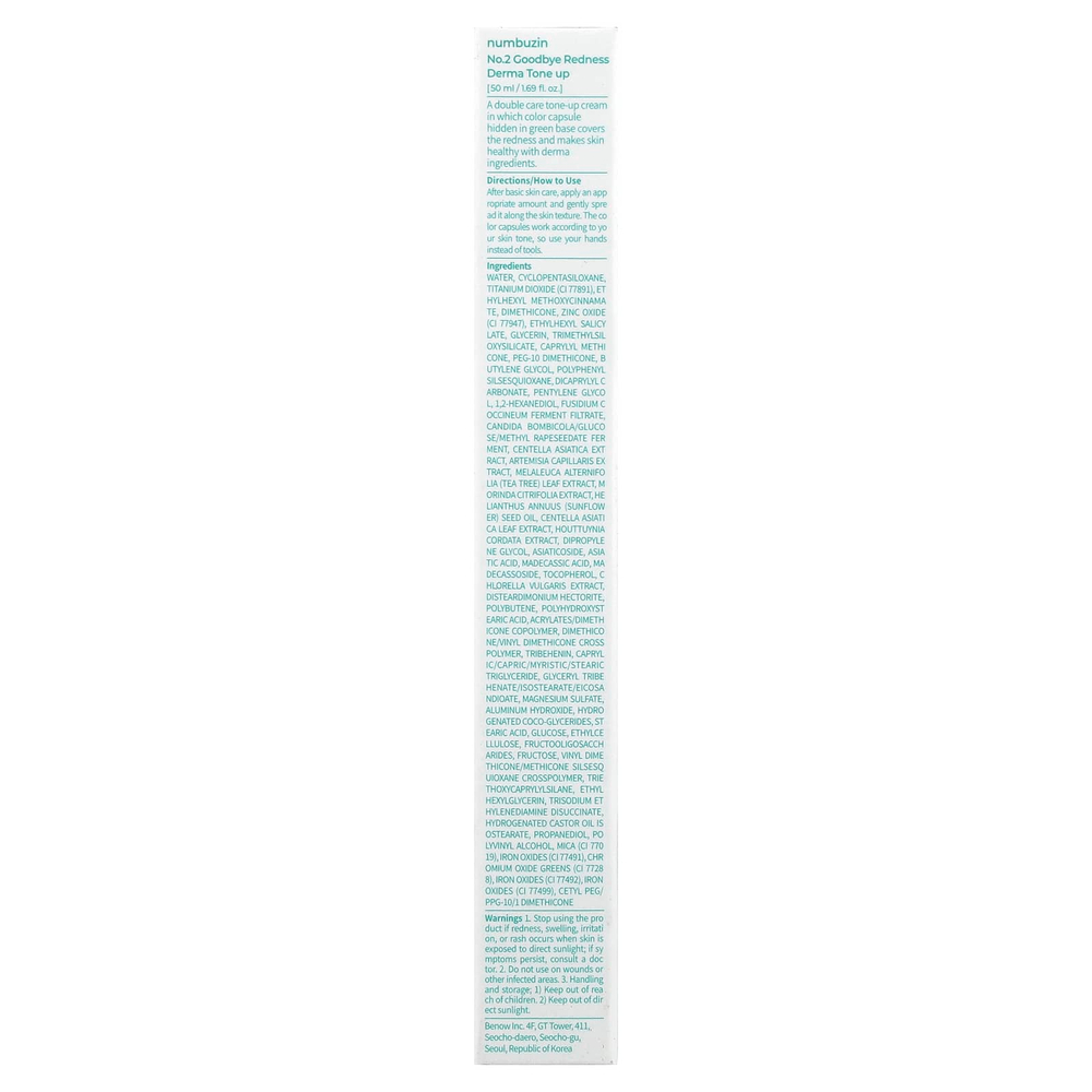 Numbuzin, № 2 Goodbye Redness, Derma Tone Up, SPF 50+ PA+++, 50 мл (1,69 унции)
