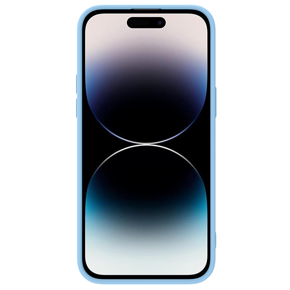 Чехол синего цвета (Haze Blue) с мягким шелковистым покрытием от Nillkin для iPhone 14 Pro, серия CamShield Silky Silicone Case с защитной шторкой для камеры