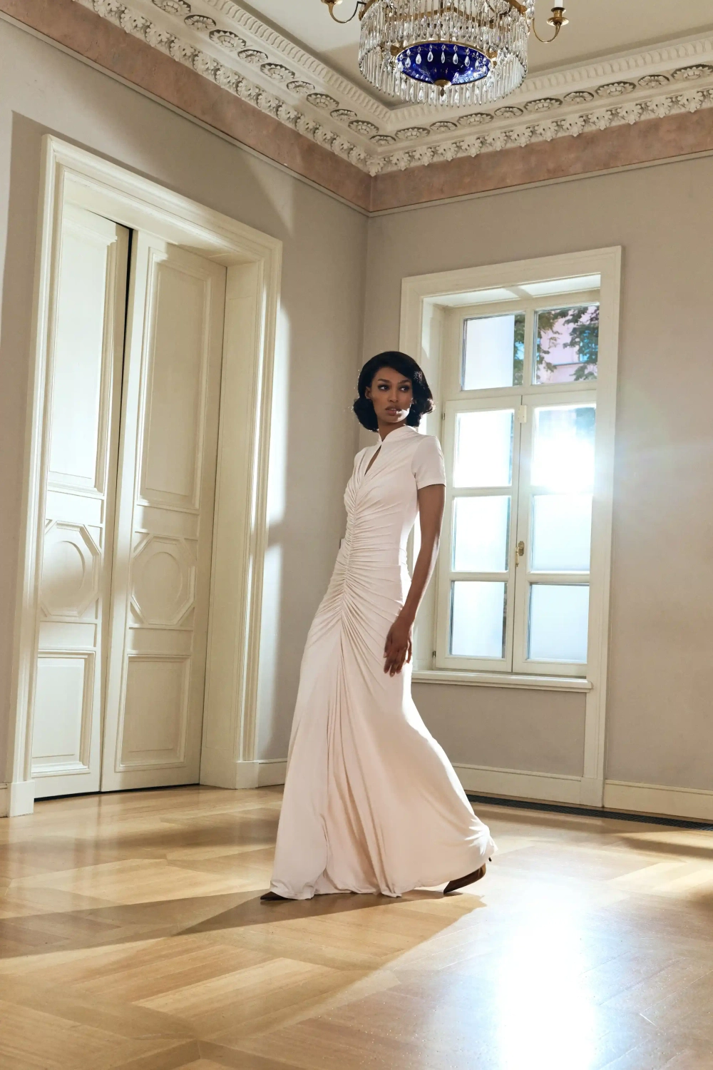 Amanda maxi, платье макси дапированное из молочного бифлекса