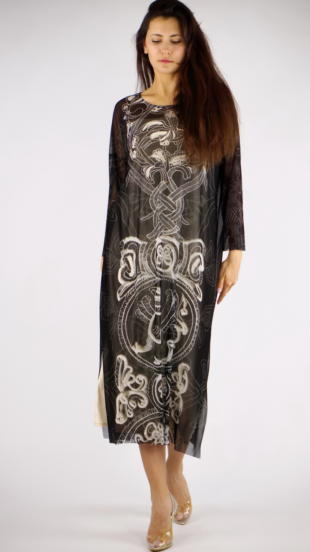 Платье-туника из сетки "Сны белого камня. Птицы", по мотивам коллекции Сны белого камня