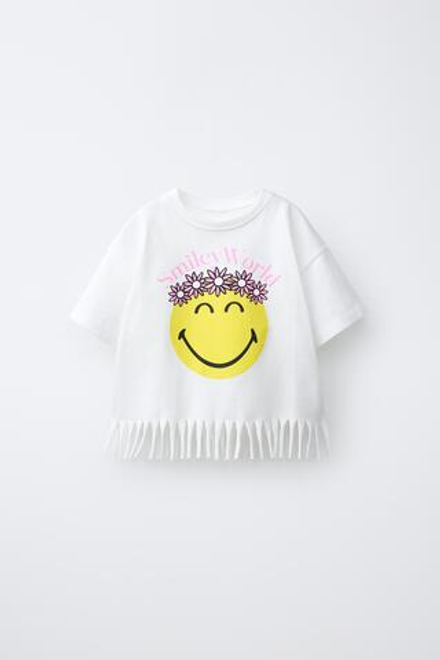 ZARA ФУТБОЛКА С БАХРОМОЙ SMILEYWORLD ®, ЖЕЛТОВАТО-БЕЛЫЙ