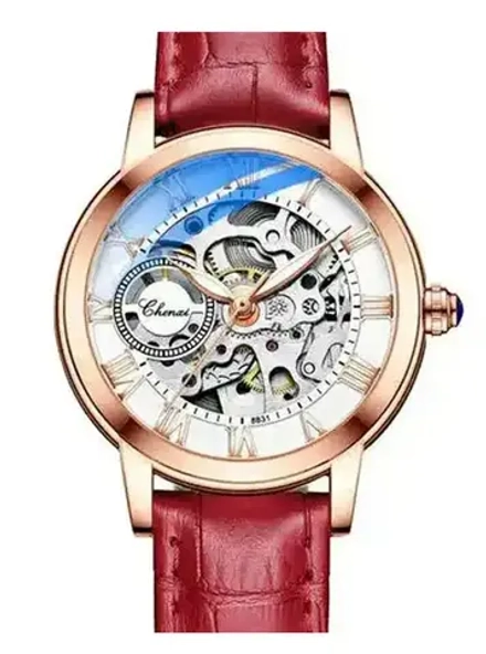Часы наручные механические с автоподзаводом скелетоны CHENXI на кожаном ремешке, медный/красный W9090-01