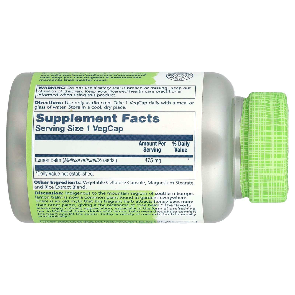Solaray, True Herbs, мелисса, 475 мг, 100 вегетарианских капсул