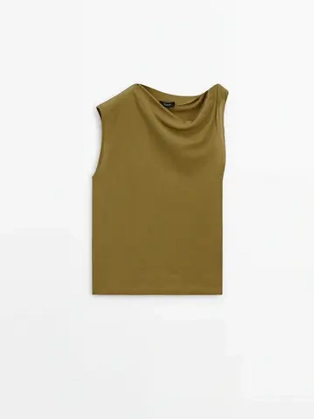 Massimo Dutti Хлопковый топ с драпировкой на плечах, зеленоватый