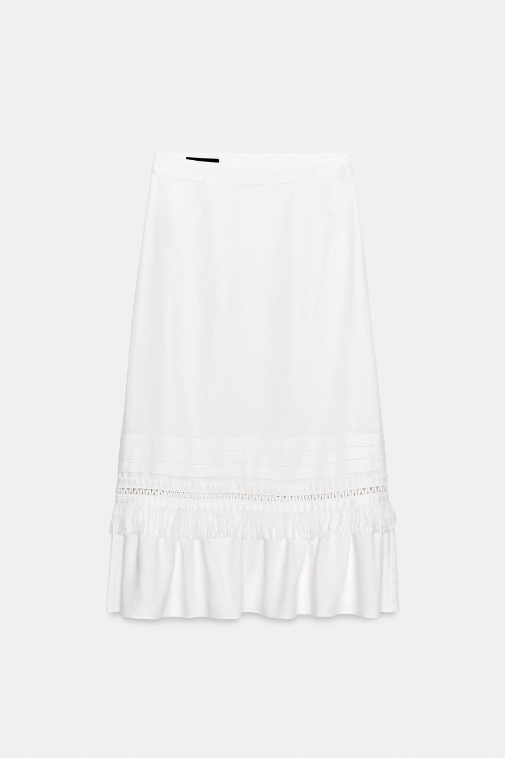 ZARA ЛЬНЯНАЯ ЮБКА МИДИ С БАХРОМОЙ, БЕЛЫЙ