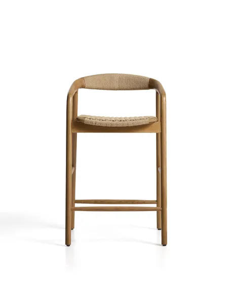 Уличный полубарный стул Derile из массива дуба в натуральной отделке и бежевой веревки