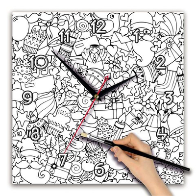 Часы раскраска "Новогодний узор". Циферблат квадрат 280х280 мм