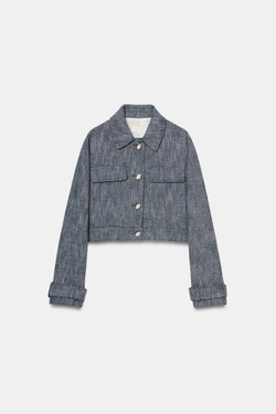 ZARA КОРОТКАЯ КУРТКА ИЗ РЕЛЬЕФНОЙ ТКАНИ, СИНИЙ/БЕЛЫЙ