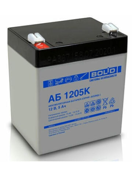 АБ 1205К Напряжение 12В. емкость 5 Ач. Срок службы 5 лет  Тип К . габариты 90х70х107 мм. вес - 1.5