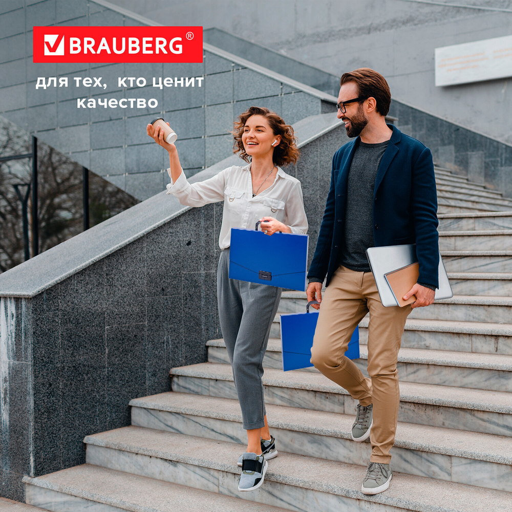 Папка-портфель пластиковая BRAUBERG "Energy" А4 (330х256х32 мм) без отделений синий (4 штуки в упаковке)