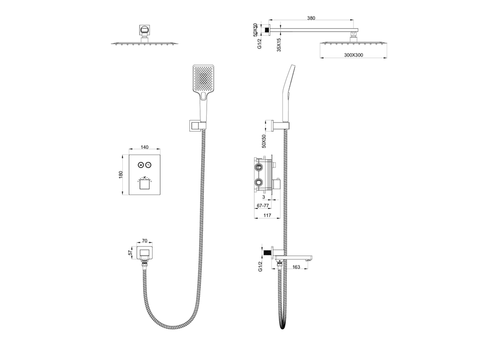 Душевая система с термостатом встраиваемая WONZON & WOGHAND, Темный графит (WW-88929003-BGM)