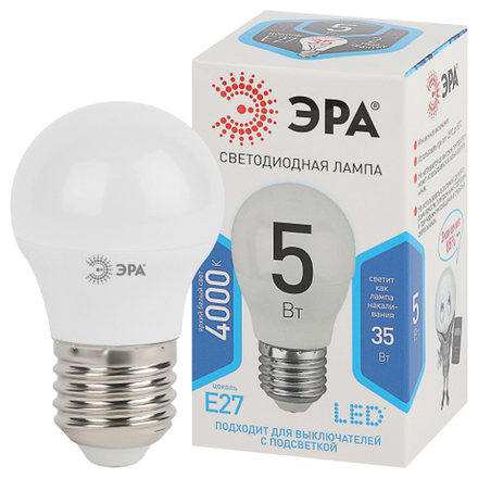 Лампочка светодиодная ЭРА STD LED P45-5W-840-E27 E27 / Е27 5Вт шар нейтральный белый свет