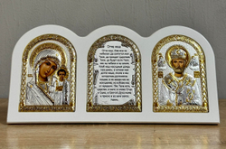 Триптих, Казанская БМ, Николай, Молитва, икона, белое дерево 320х164