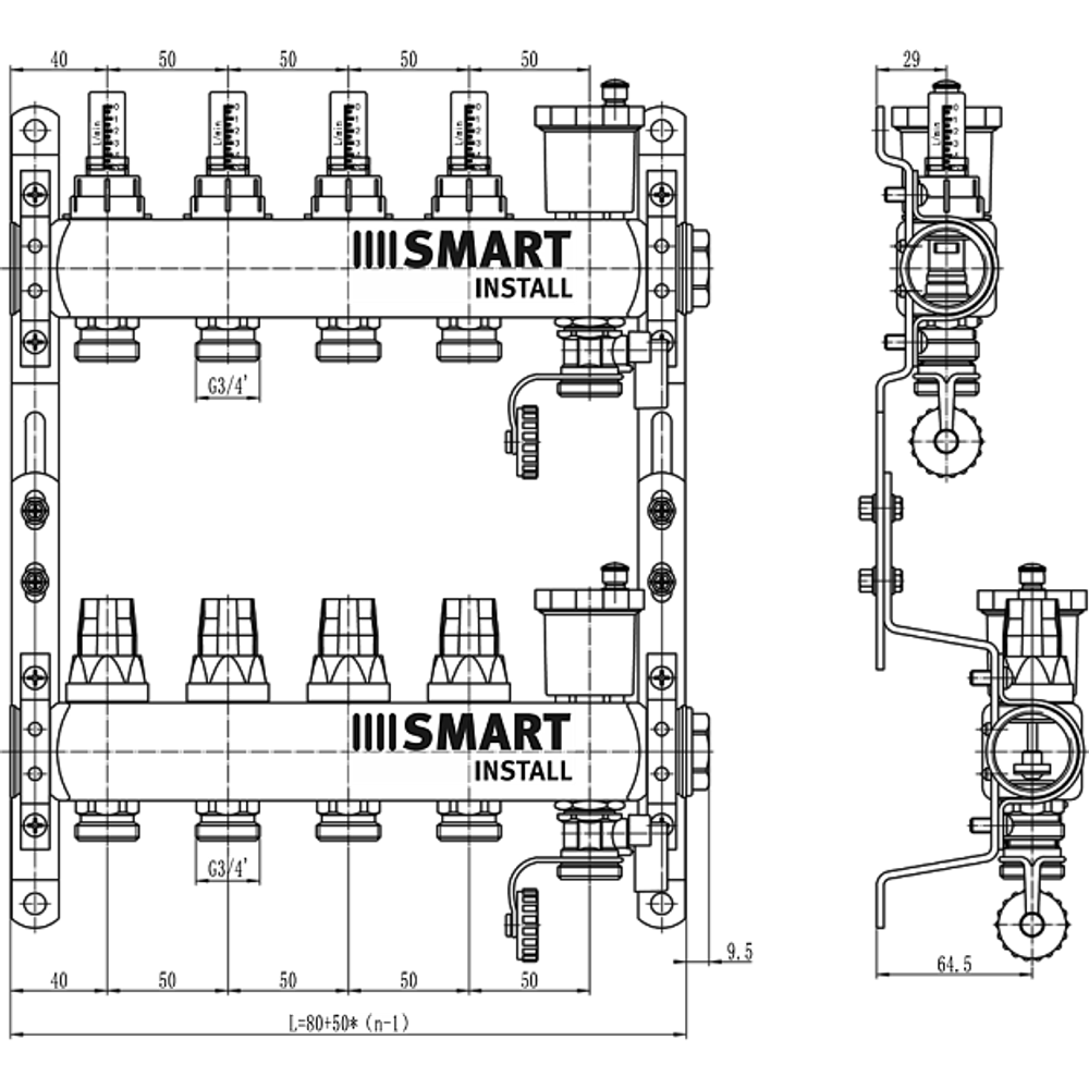 Комплект коллекторов Smart Install с расходомерами и термостат. клапанами 1"х3/4"ЕК-4 вых.