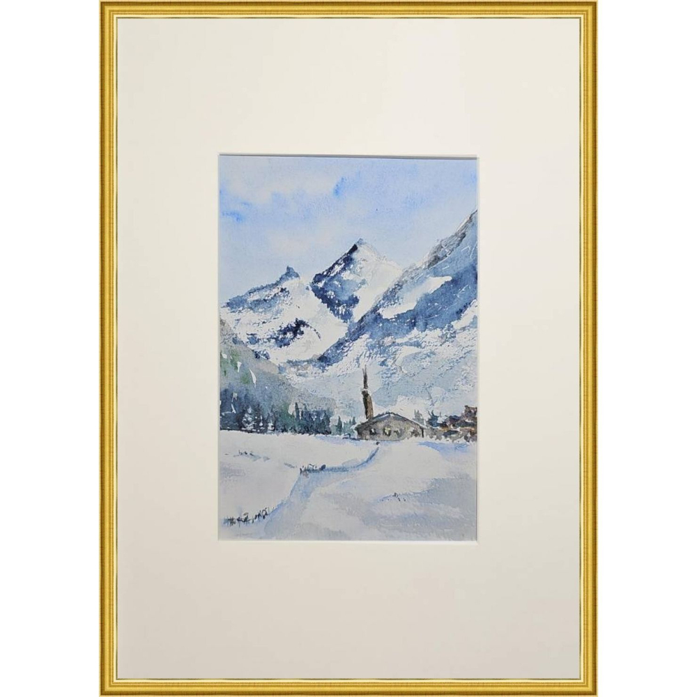 Картина авторская акварельная в паспарту 21х30 см на стену для интерьера "Зима"