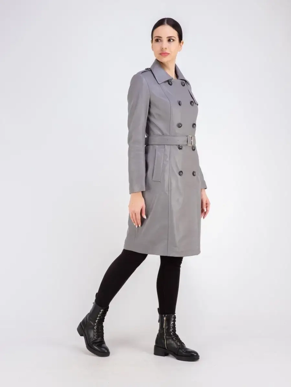 Тренч длинный кожаный с поясом плащ на весну