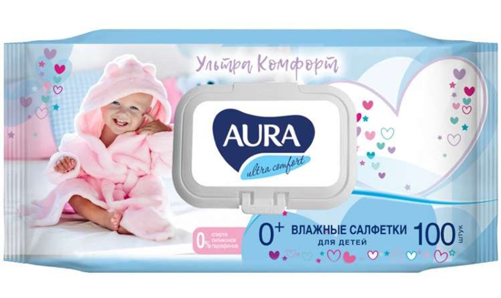 Влажные салфетки детские Aura Ultra Comfort Алоэ/Витамин Е №100 клапан