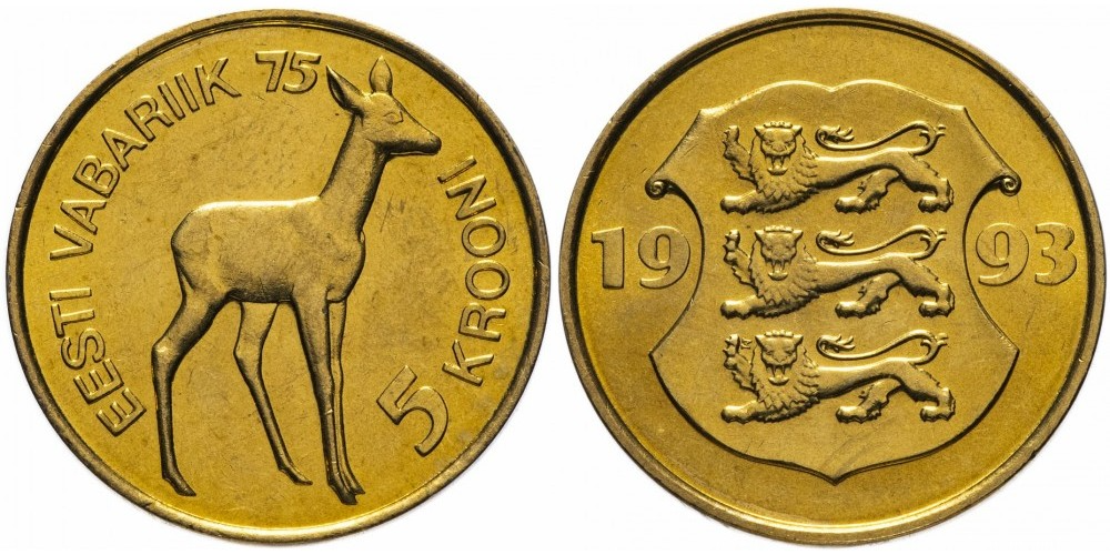 Эстония 5 крон, 1993 75 лет Эстонской республике aUNC
