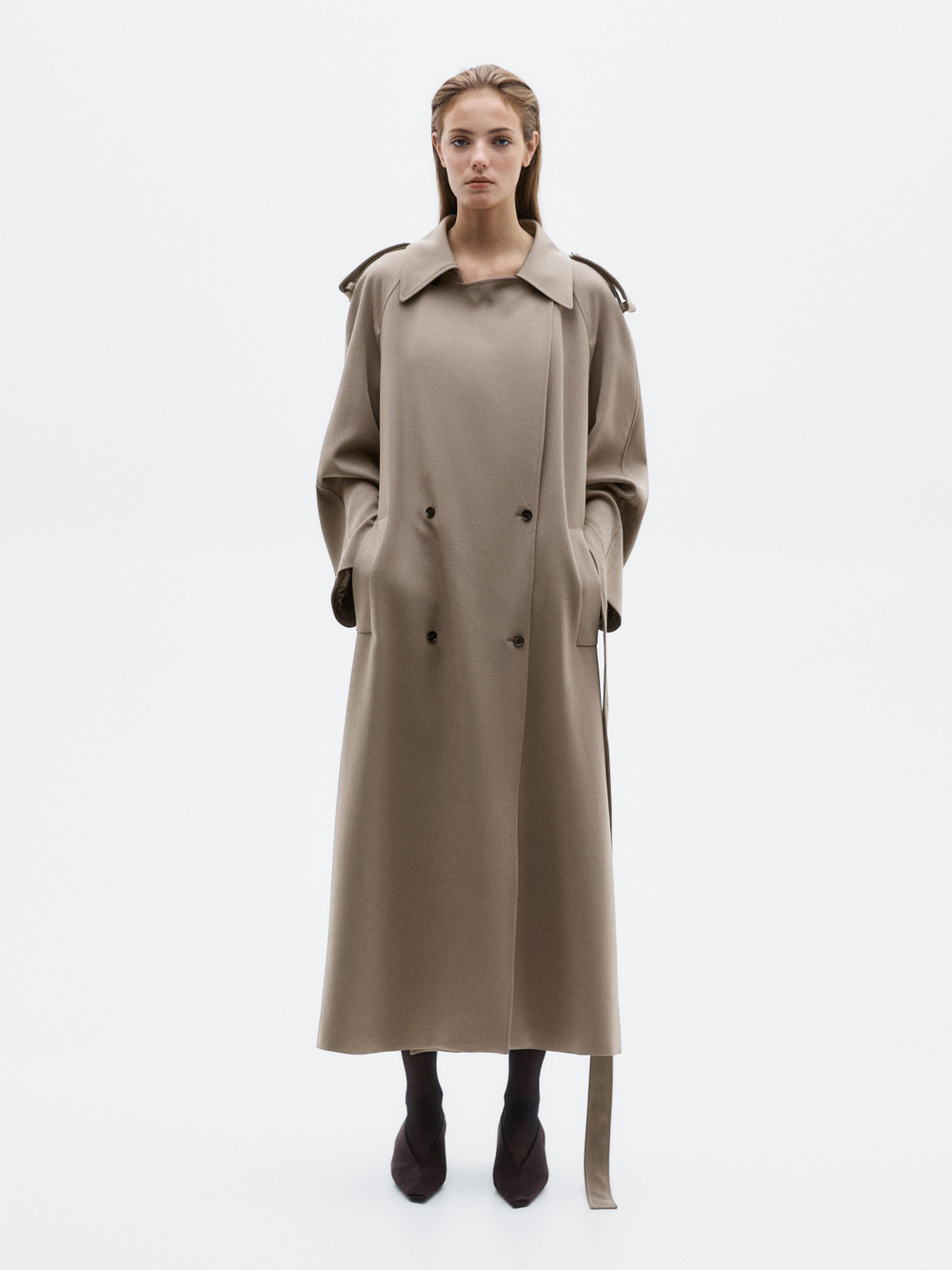 Massimo Dutti Длинное объемное пальто-тренч из 100% шерсти - Limited Edition, оливковый