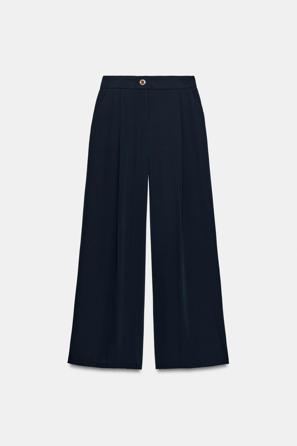 ZARA БРЮКИ ПАЛАЦЦО С ЗОЛОТИСТОЙ ПУГОВИЦЕЙ, МОРСКОЙ СИНИЙ