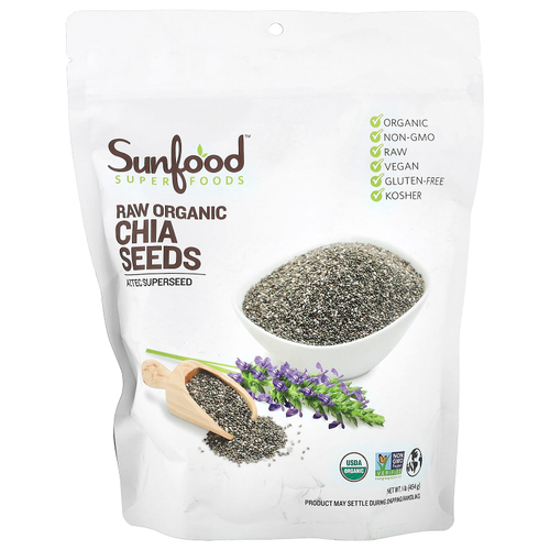 Sunfood, необработанные органические семена чиа, 454 г (1 фунт)