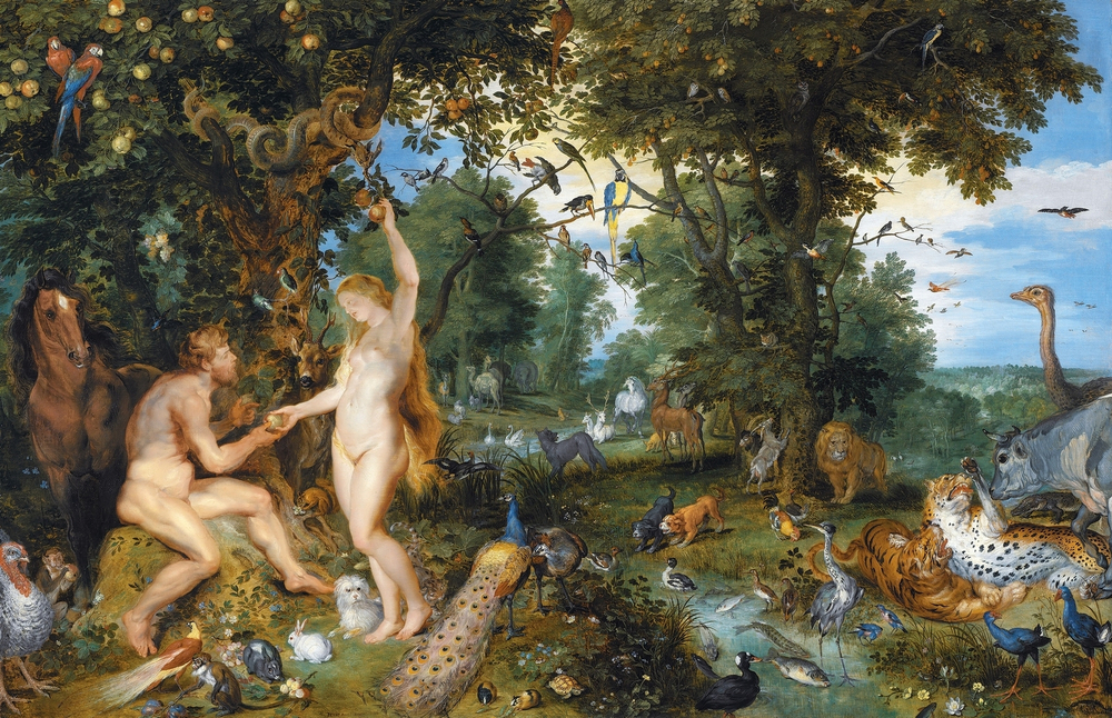Ян Брейгель Старший. Эдемский сад с грехопадением человека (The Garden of Eden with the Fall of Man) (совместно с П. П. Рубенсом). Ок. 1615.  74.3 х 114.7. Гаага, Королевская галерея Маурицхёйс.