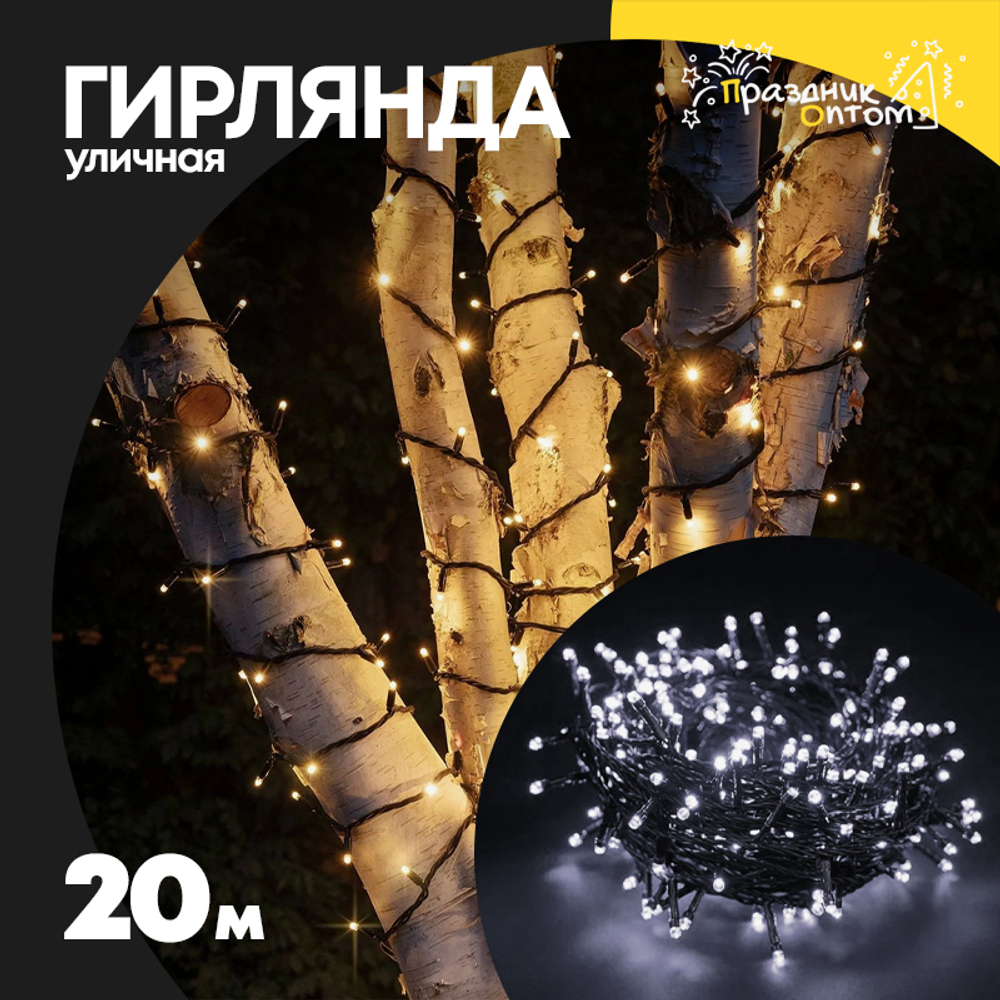 гирлянда 20м уличная черный провод (белый)