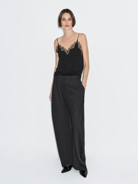 Massimo Dutti Топ в бельевом стиле с кружевом, черный