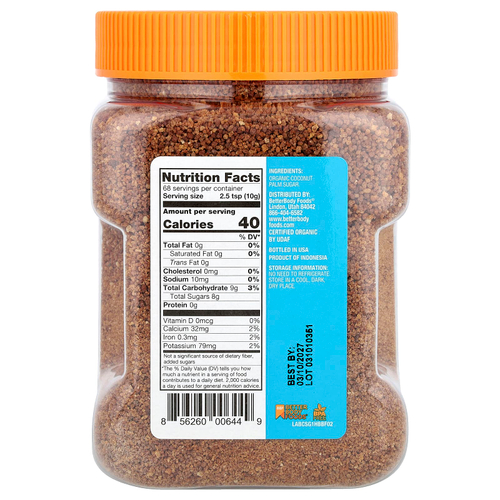 BetterBody Foods, органический сахар из кокосовой пальмы, 680 г (1 фунт 8 унций)