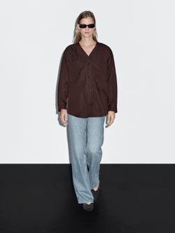 Massimo Dutti Вид Рубашка с V-образным вырезом и карманами, коричневый