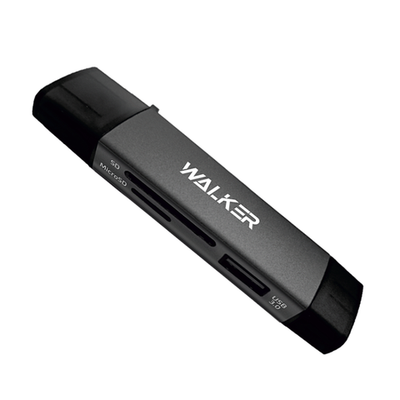 Картридер WALKER WCD-83 (SD/micro SD/USB), Type-C-USB-MicroUSB, металл, серый