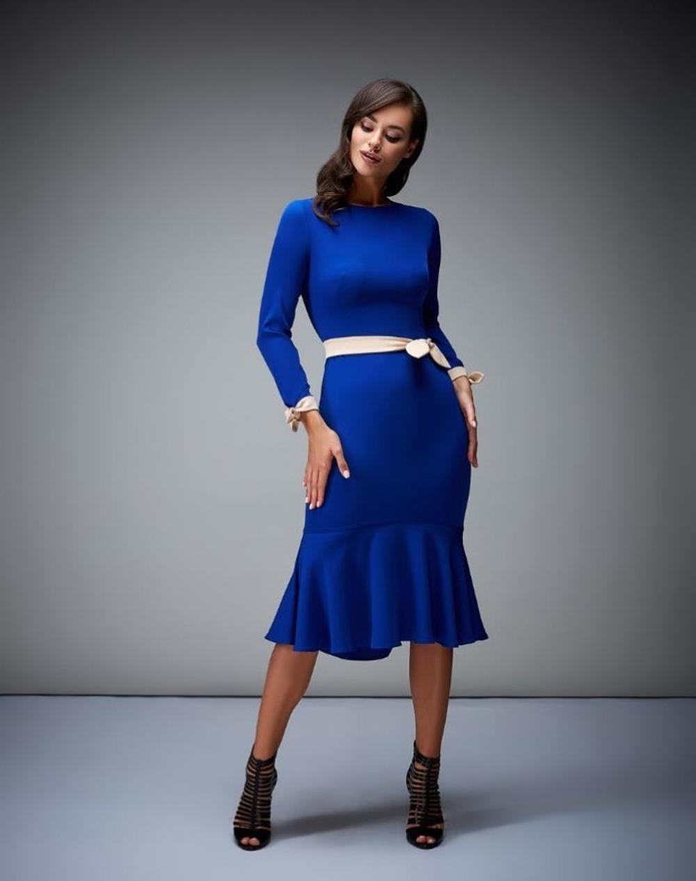 Платье футляр синее, юбка с воланом 17-03-19FW